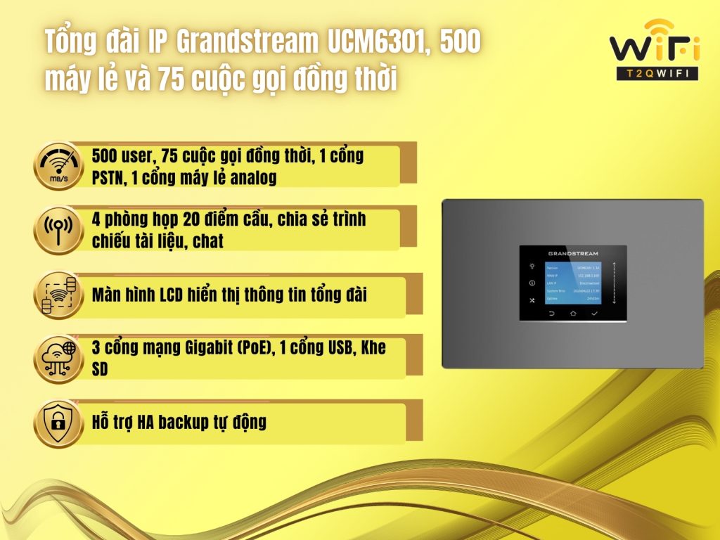 Cau hinh cua Tong dai IP Grandstream UCM6301 500 may le va 75 cuoc goi dong thoi