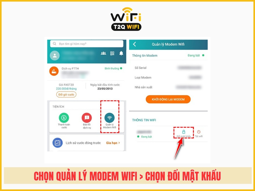 Bước 3: Chọn Quản lý Modem Wifi > Chọn Đổi mật khẩu