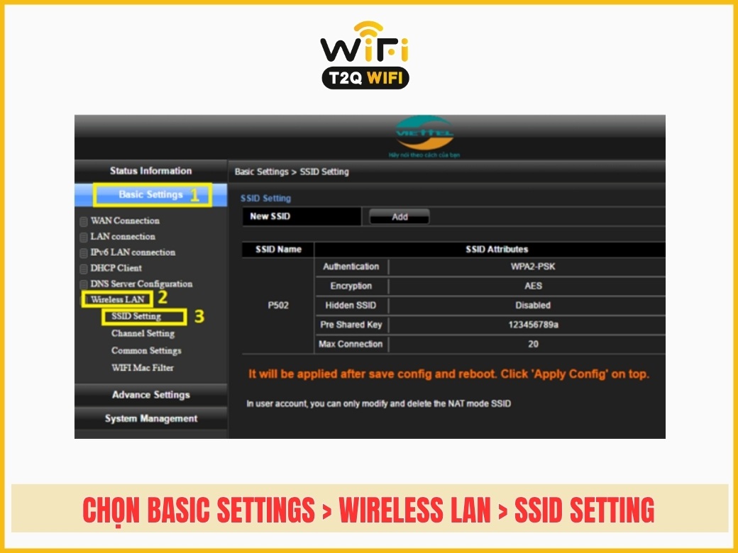 Bước 3: Chọn Basic Settings > Wireless LAN > SSID Setting