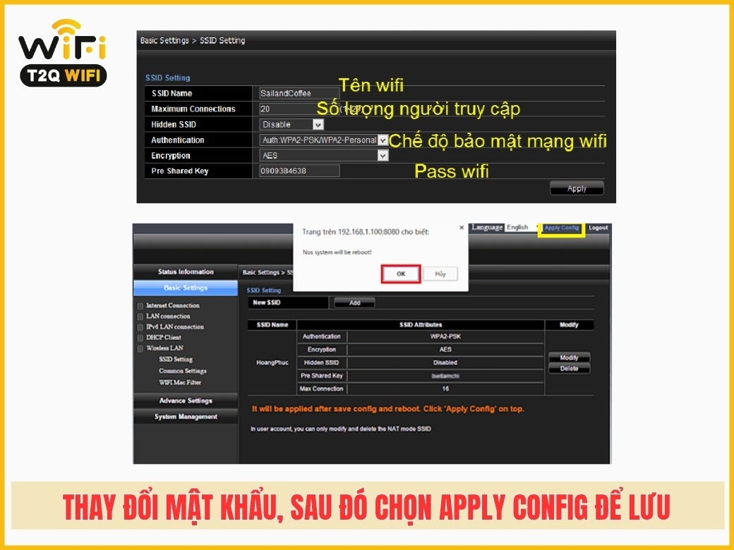 Bước 4: Thay đổi mật khẩu, sau đó chọn Apply Config để lưu