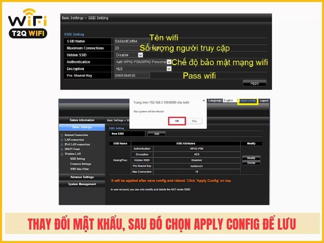 Bước 4: Thay đổi mật khẩu, sau đó chọn Apply Config để lưu