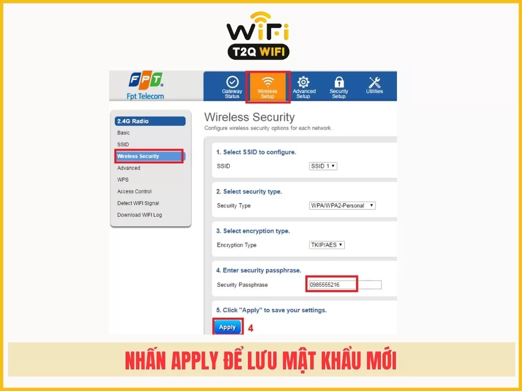 Bước 4: Nhấn Apply để lưu mật khẩu mới