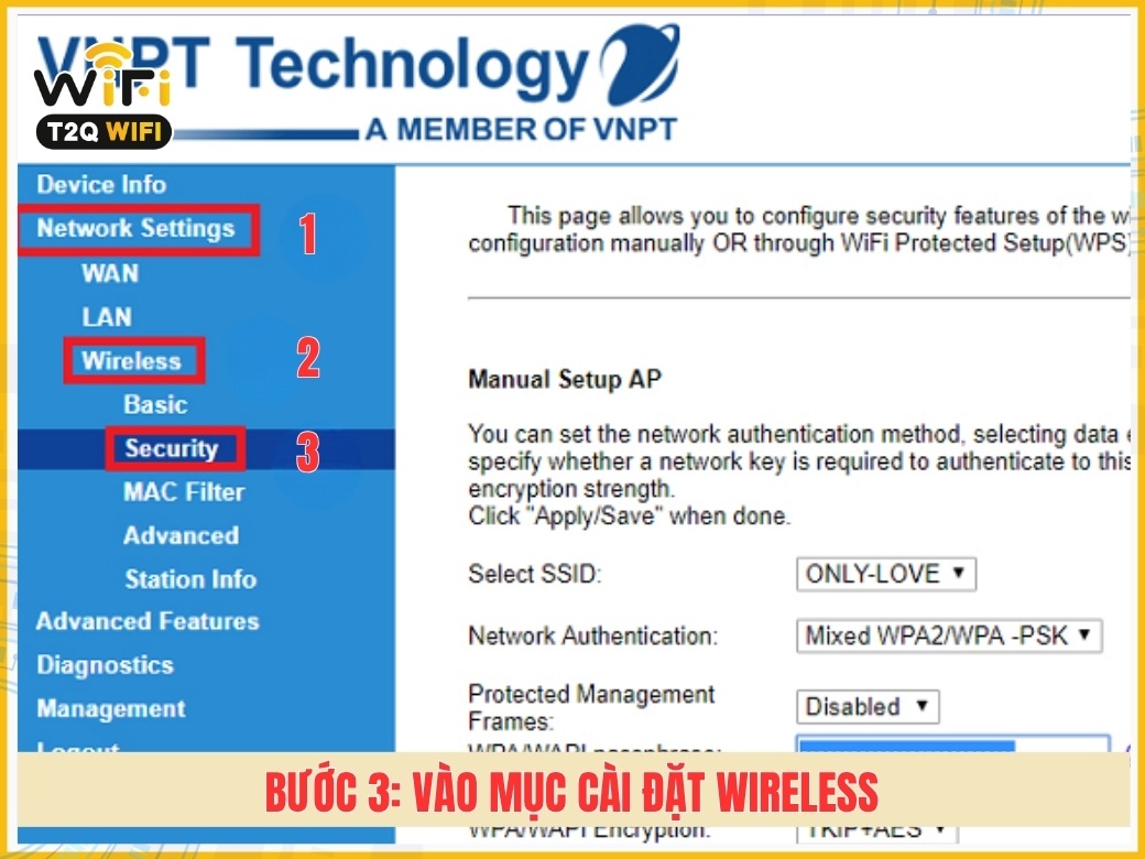 Bước 3: Vào mục cài đặt Wireless