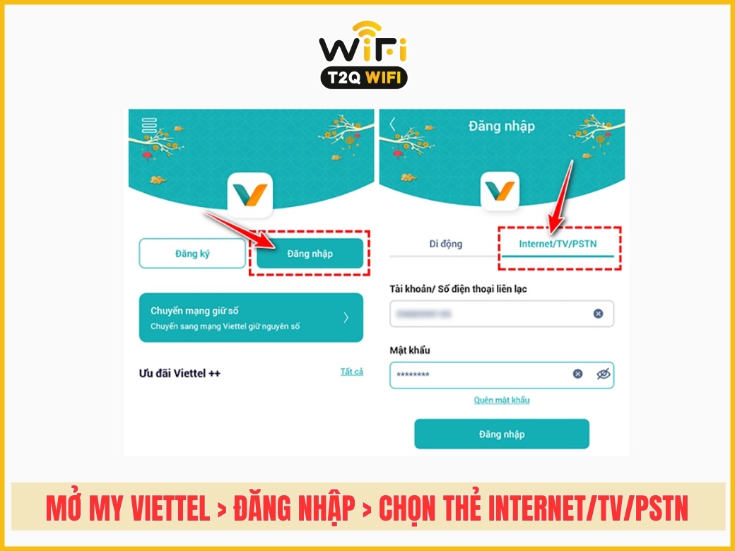 Bước 1: Mở ứng dụng My Viettel > Chọn Đăng nhập > Chọn thẻ Internet/TV/PSTN