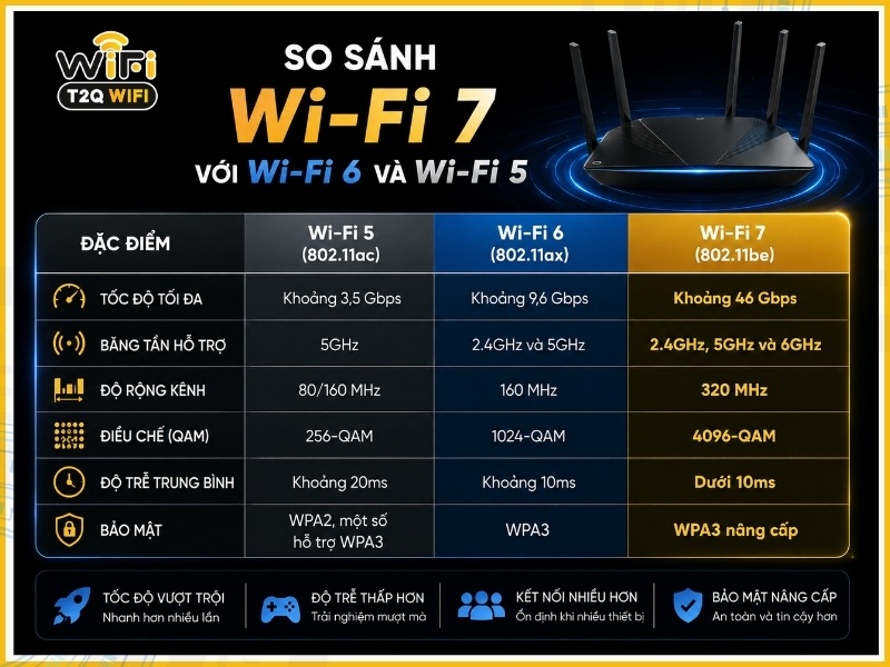 So sánh Wi-Fi 7 với Wi-Fi 6 và Wi-Fi 5