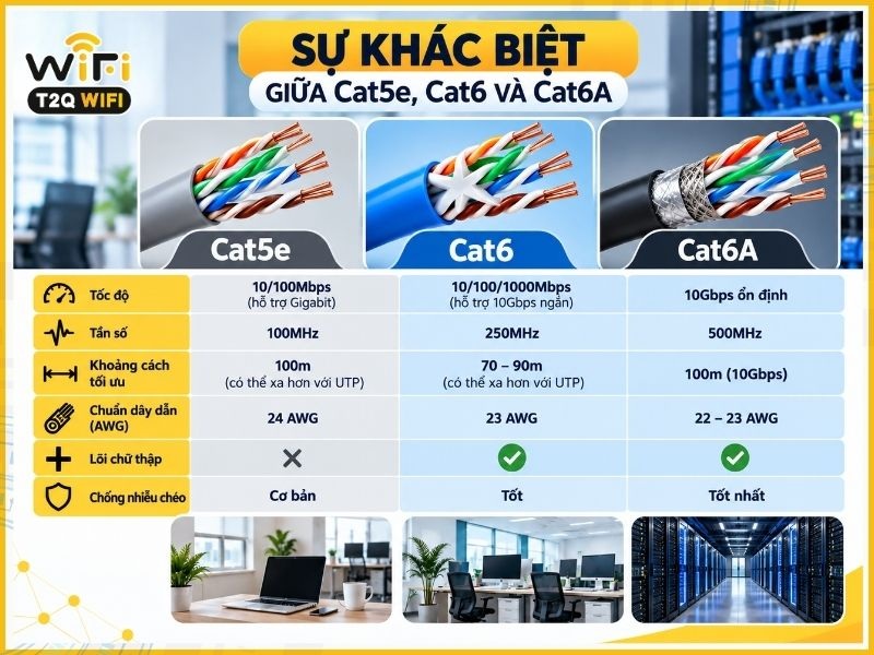 Sự khác biệt giữa Cat5e, Cat6 và Cat6A
