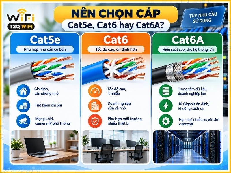 Nên chọn cáp Cat5e, Cat6 hay Cat6A?
